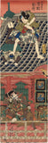 Kunisada: Vertical Diptych Rooftop Fight Scene from the Hakkenden (Sold)