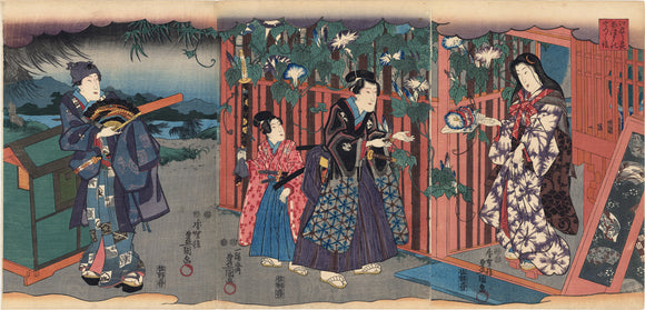 Kunisada: Prince Genji and the  Beauty Yugao (Tasogare) with Morning Glories (SOLD)