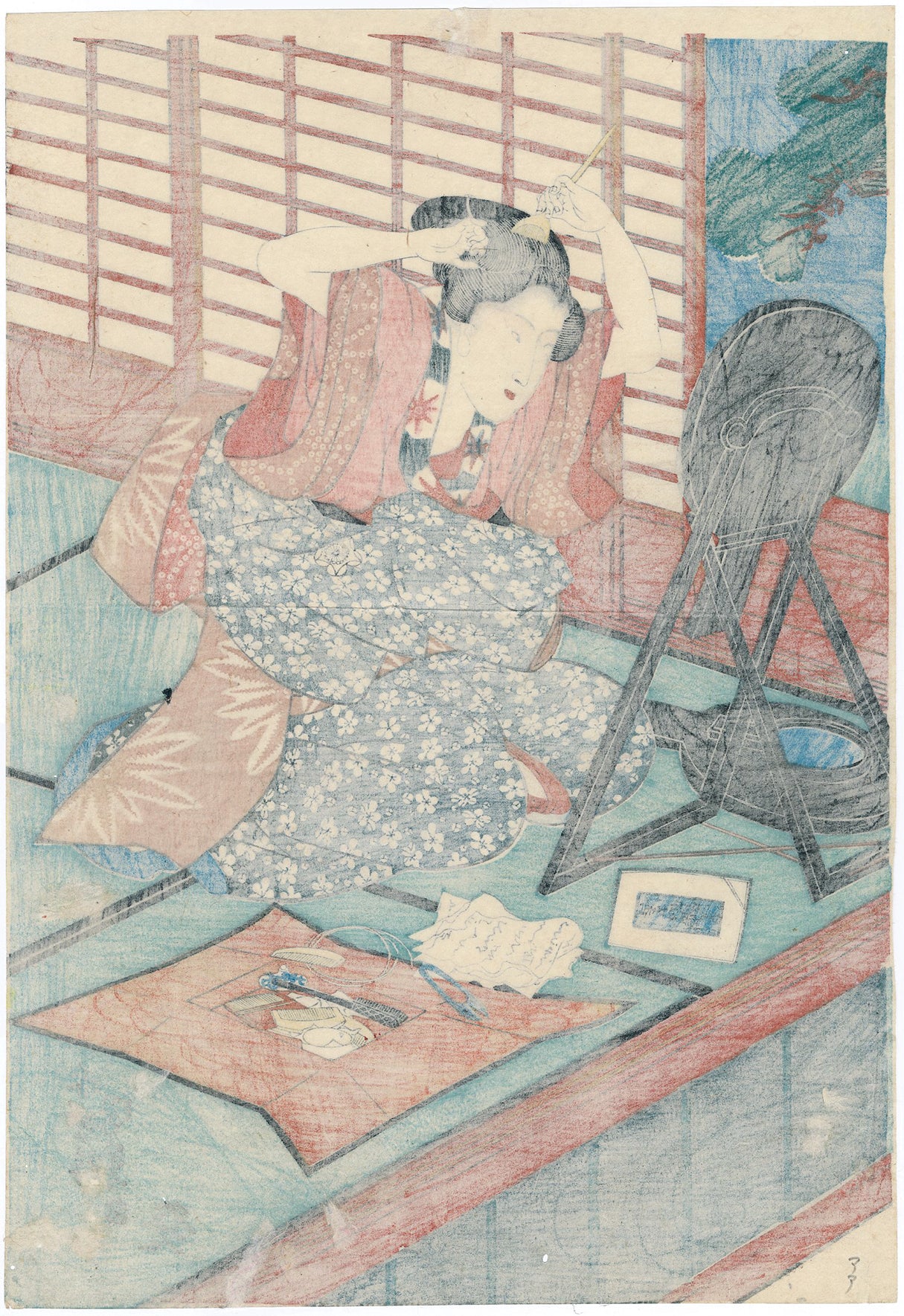 Kunisada: Hair Dyeing, Sewing, Washing Kimono--Flourishing Women of th ...