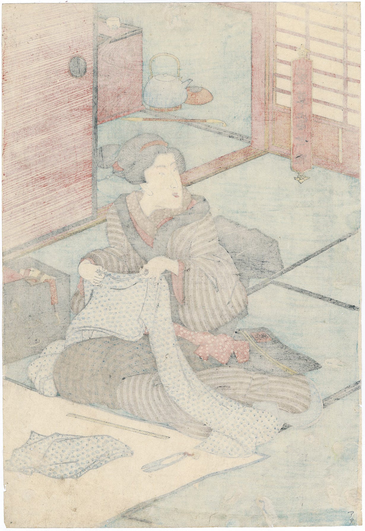 Kunisada: Hair Dyeing, Sewing, Washing Kimono--Flourishing Women of th ...