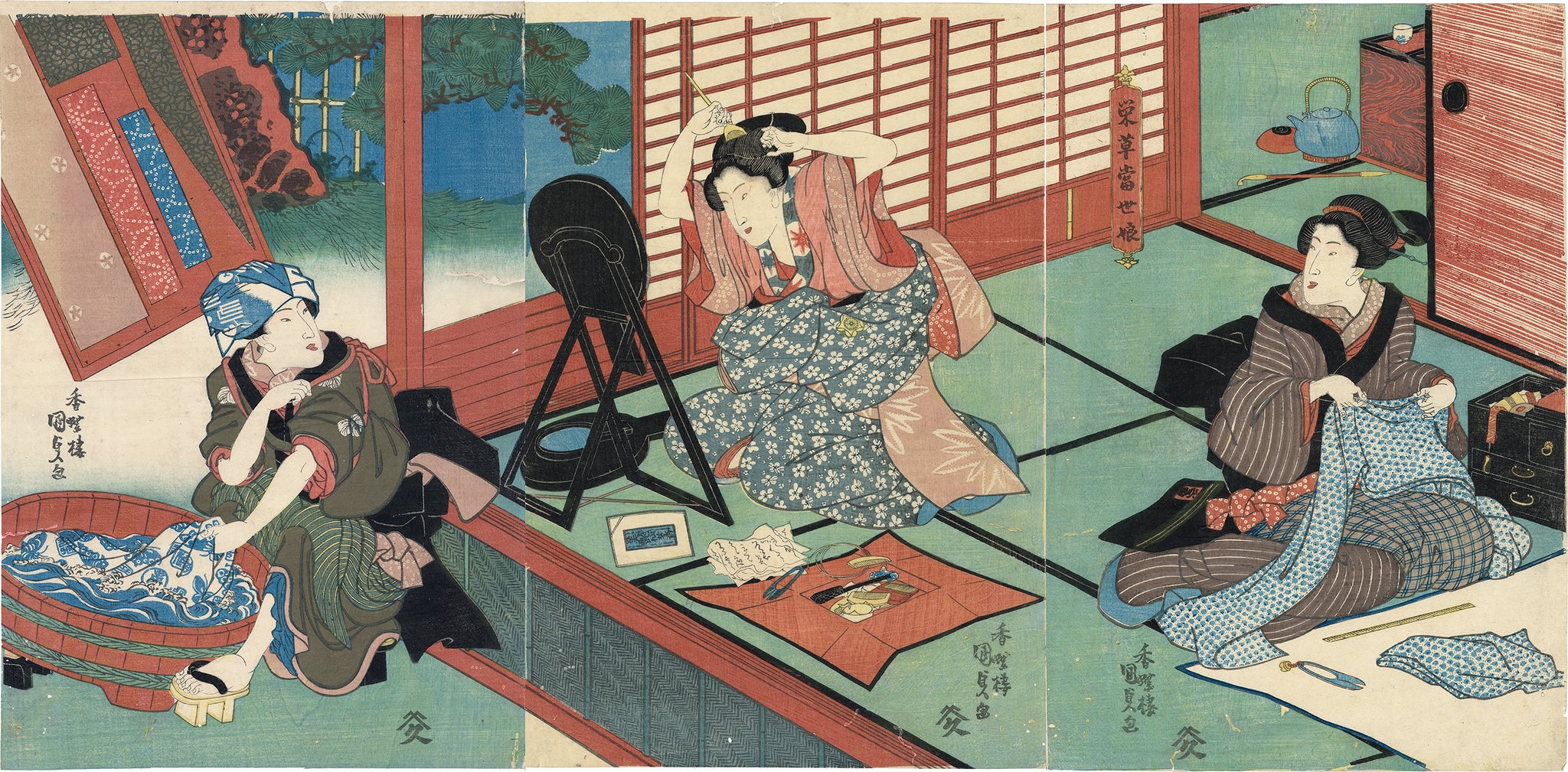 Kunisada: Hair Dyeing, Sewing, Washing Kimono--Flourishing Women of th ...