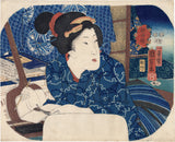 Kuniyoshi: Fan Print of a Beauty  with Shamisen and Brush (SOLD)