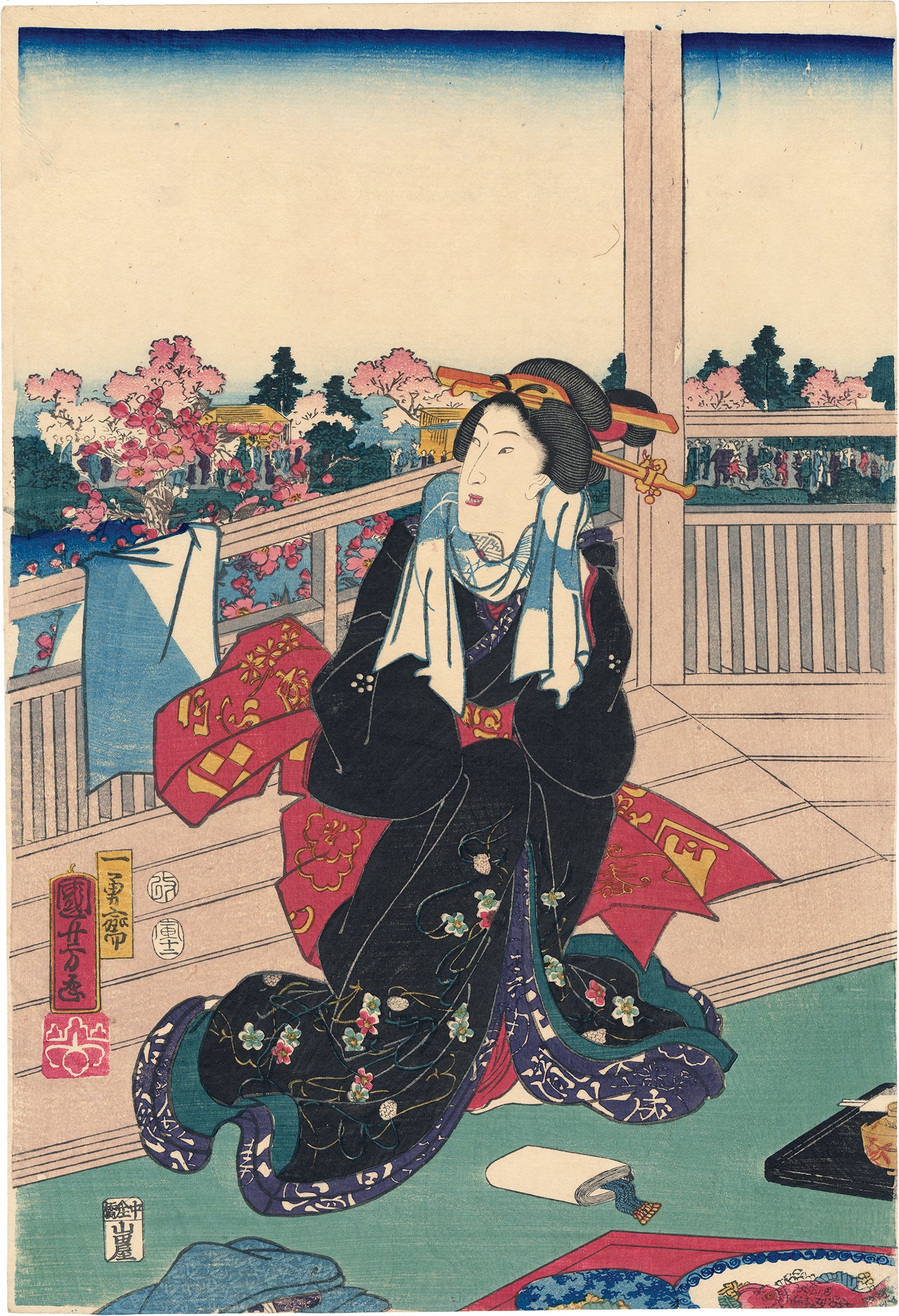 歌川豊広、【観桜酒宴図】、希少画集画より、状態良好、新品高級額装付 Ishikawa Toyonobu（石川豊信） 石川豊信「桜に短冊を結ぶ娘 絵画