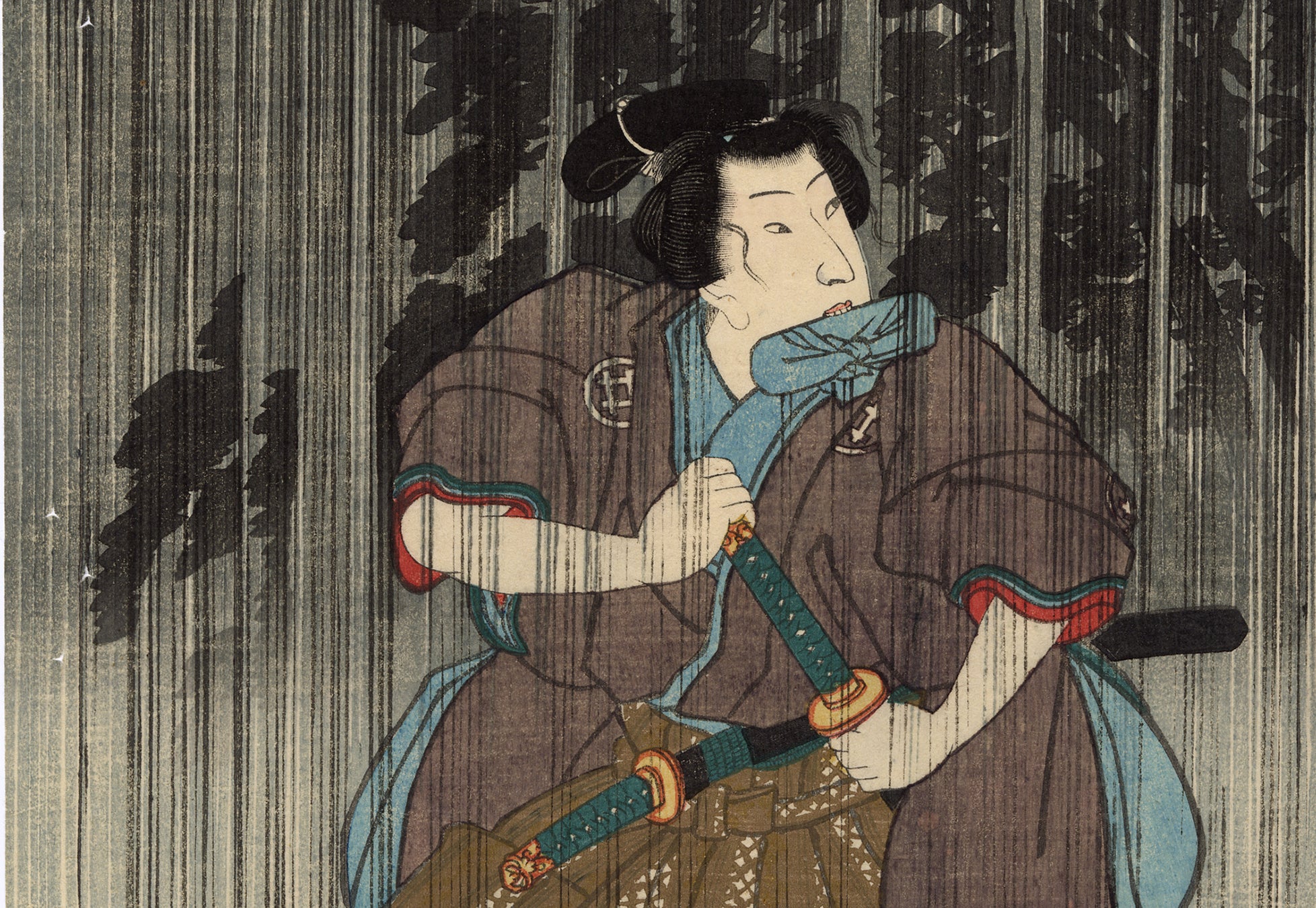 版画 gon shira Kuniyoshi 国芳: Shirai Gonpachi in a Downpour – Egenolf Gallery