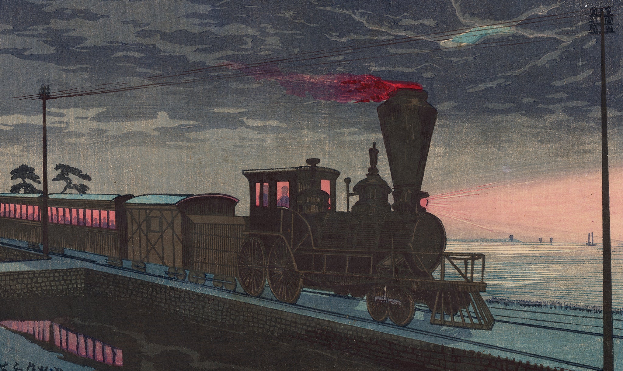 清親清親：夜の蒸気機関車～高輪牛町朧月景（販売済み） – Egenolf Gallery Japanese Prints