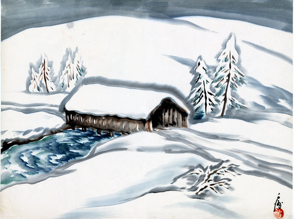 小幡：屋根付き橋が特徴の穏やかな雪景色（販売済み）