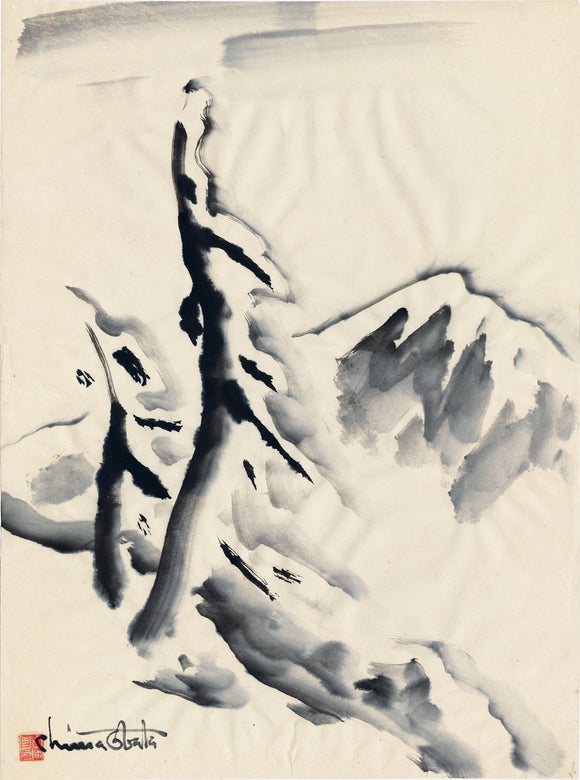 小畑：雪を積んだ山の斜面の松 水墨画（販売終了）