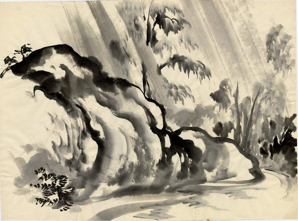 Obata: Ink Painting of a Rock, Trees and Stream in Rain (Sold)