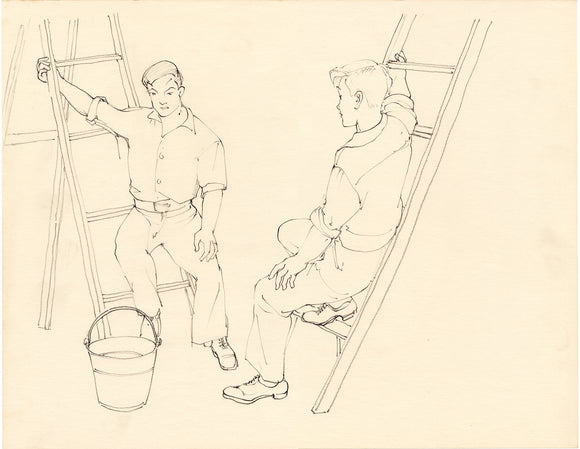 小畑千浦:はしごを持った労働者を描いた 2 つの鉛筆画 (販売済み)