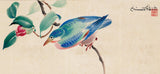 小幡：椿の枝に描かれた鳥の大きな水彩画（販売）