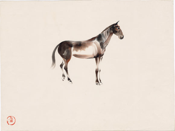 Obata: Watercolor Painting of a Standing Bay Horse