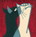 Saitō Kiyoshi: “Steady Gaze”. A black cat and a white cat are so focused on an object outside the frame that their very edges have mingled. (Sold)