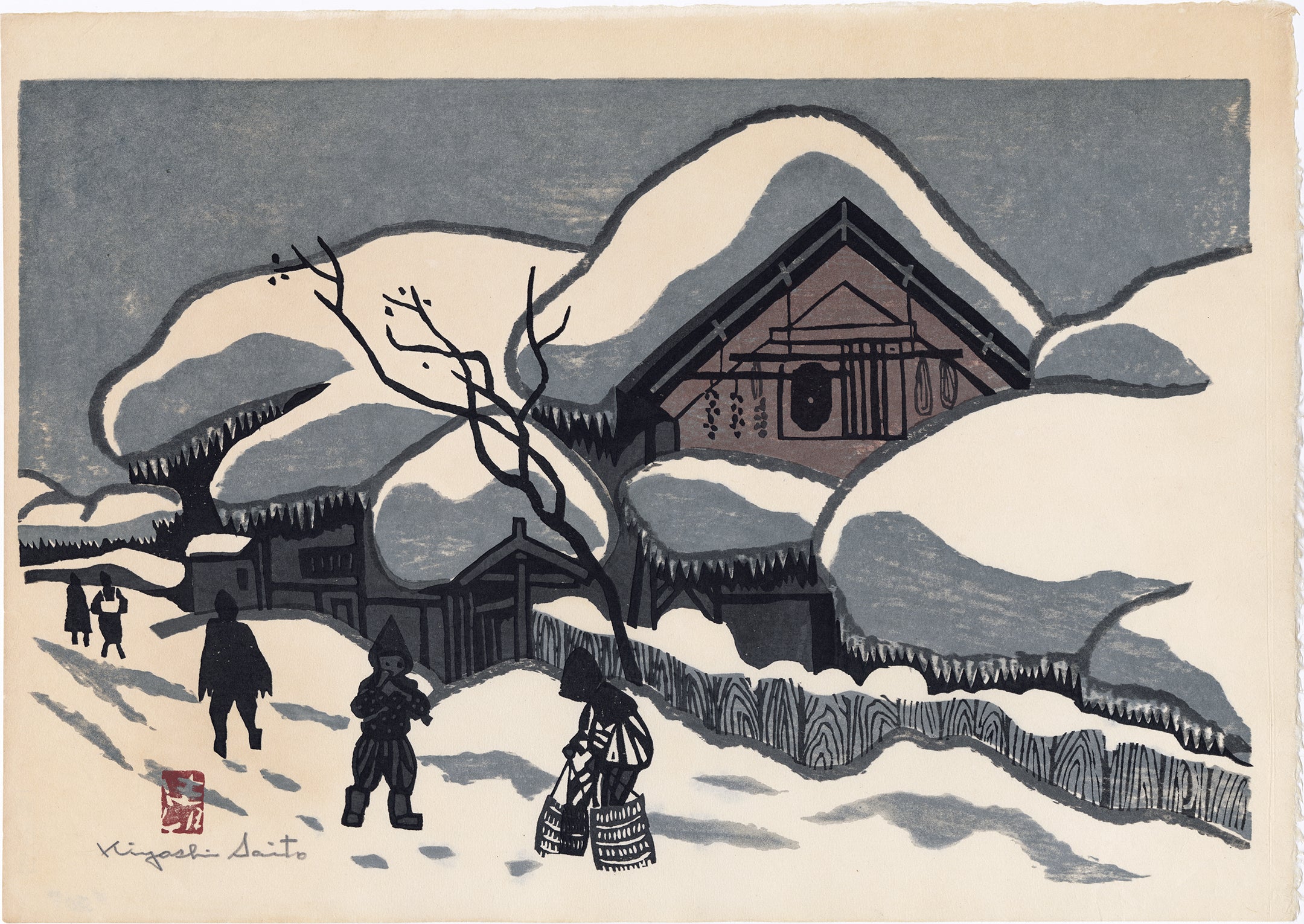 斎藤清、【会津の冬（窪）】、希少な大判額装用画集より、美品