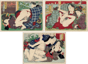 Utagawa School: Three koban shunga scenes of erotic activities (Sold)