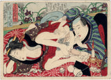 Utagawa School: Three koban shunga scenes, including a woman pouring tea