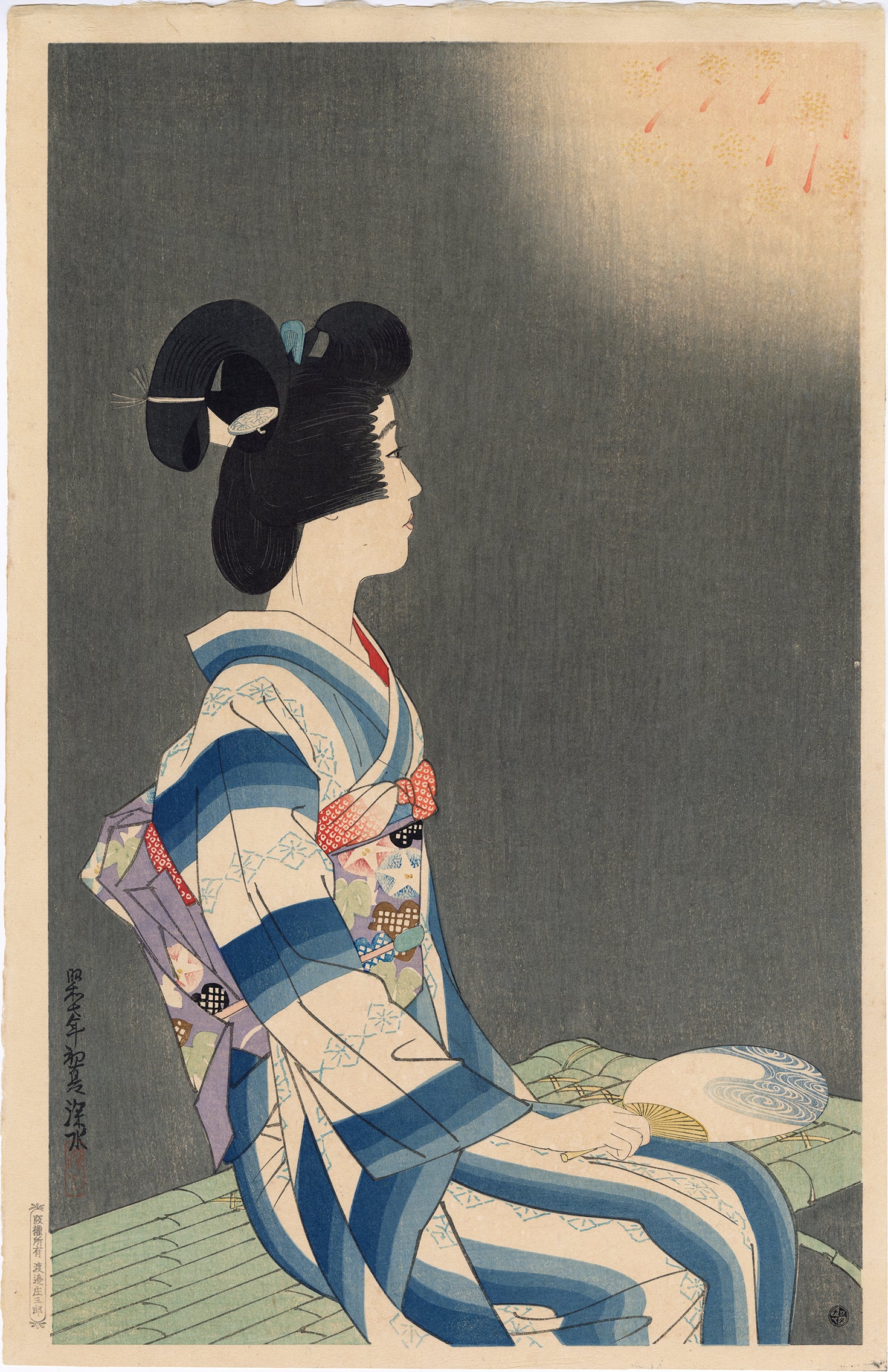 尾形月耕による浮世絵「Fuji musume 藤娘 / Bijin hana kurabe
