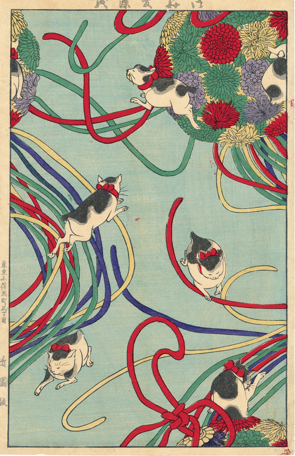 Meiji Artist: Cats, Ribbons and Chrysanthemums Textile Design (Yuzome kami) (SOLD)