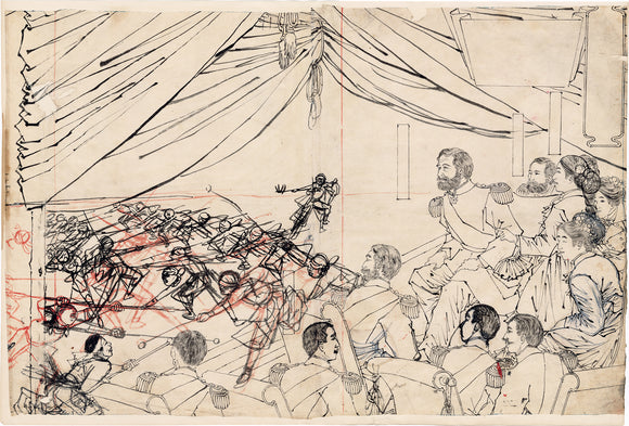 Toshimitsu: Drawing for the triptych of US President Grant Watching Training Exhibition (Sold )