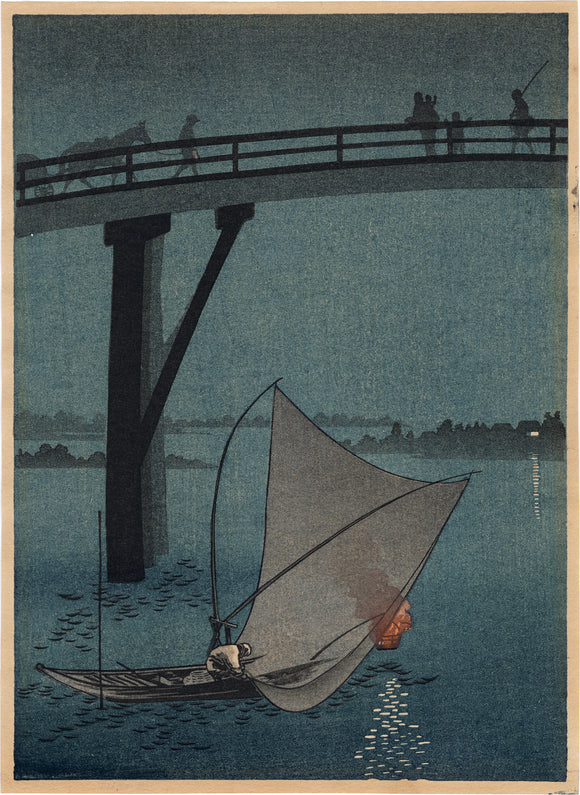 Yoshimuni: Nocturne of Fishing Boat Beneath Bridge (Sold)
