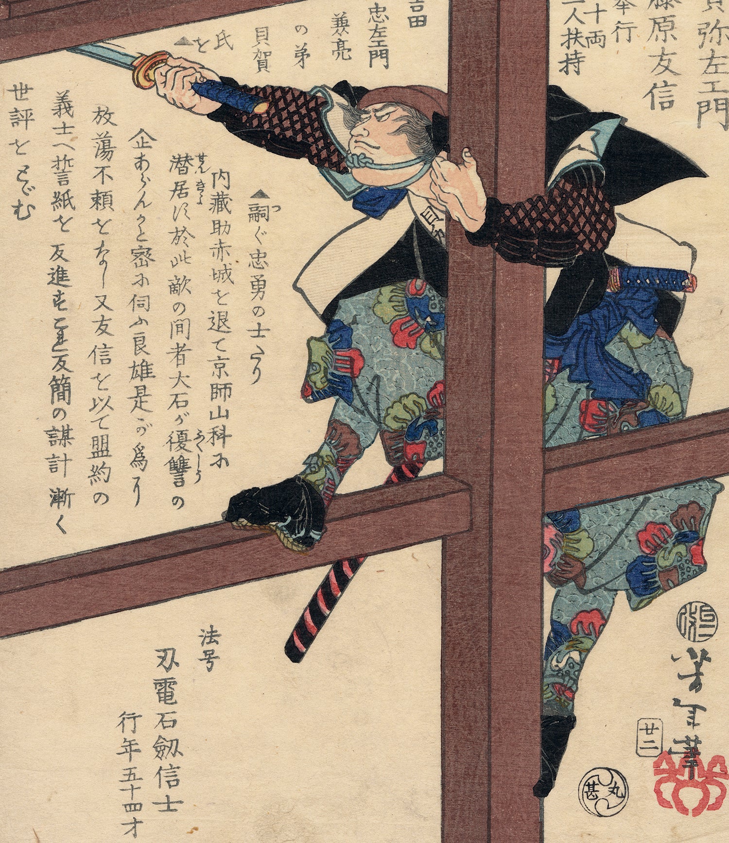 芳年: 浪人絵画 矢左衛門 藤原の友信 木製の支えに登る (売却済み