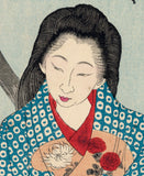 Yoshitoshi 芳年: The Poetess Chiyo 千代能かいたゝく桶の底ぬけてミつたまらねハ月もやとらす (SOLD)